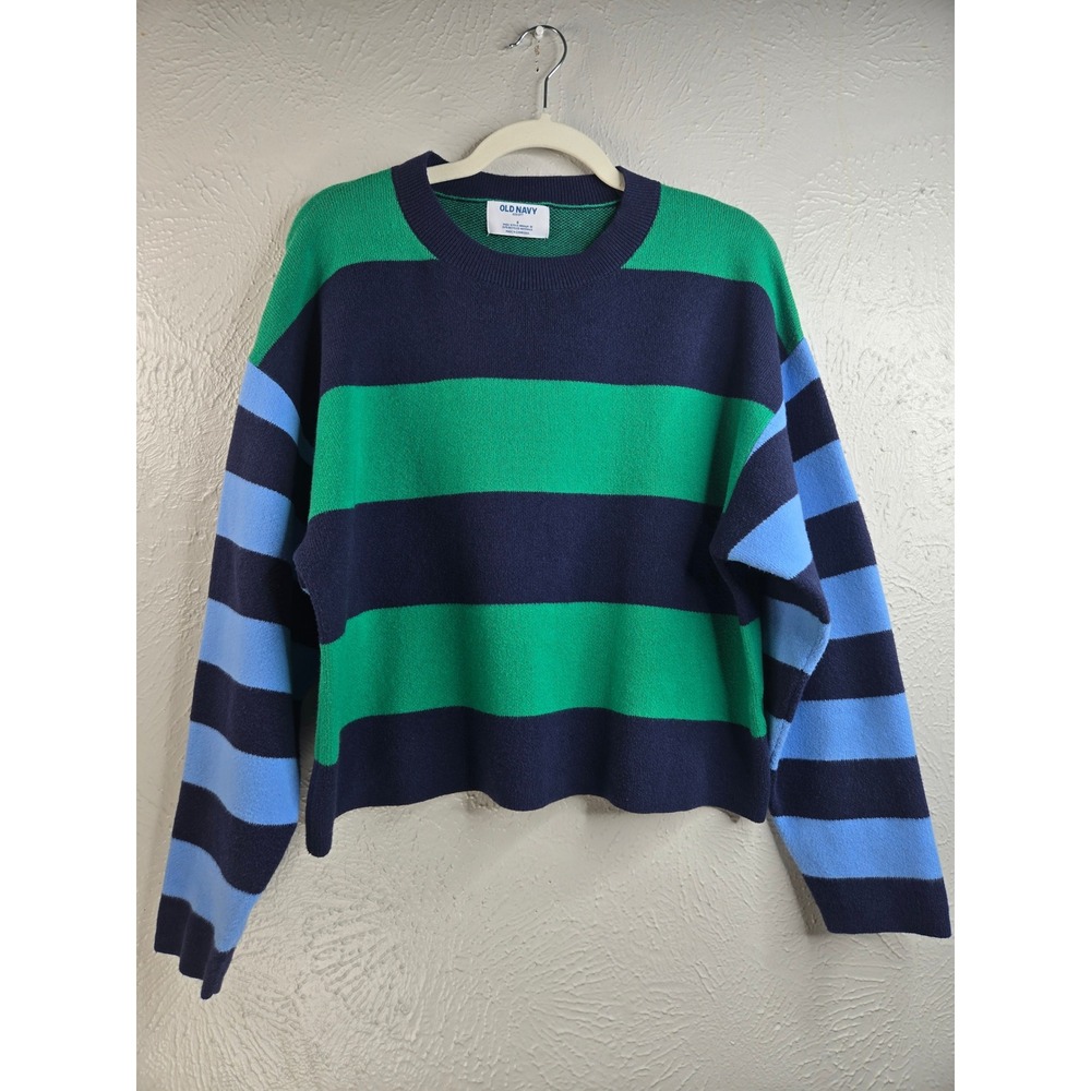Striped Crewneck Sweater SM Green Blue Soft Knit Relaxed Boxy Retro Preppy 90s‎